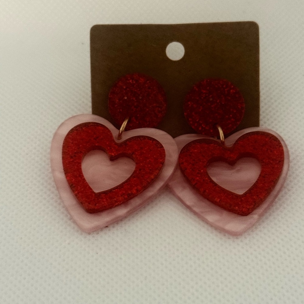 Red & Pink Heart Acrylic Earrings – Glitter Layered Drop – NWT - Picture 6 of 7